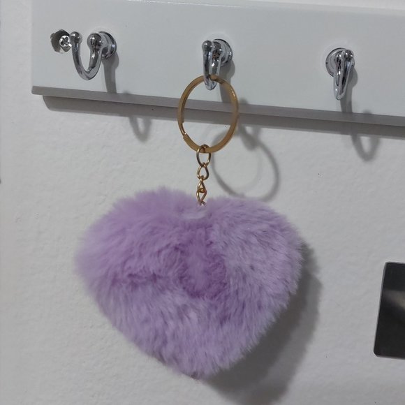 Heart Shaped Purple Pom Pom Keychain With Rhinestone Hearts Lovely Cute - Picture 3 of 4